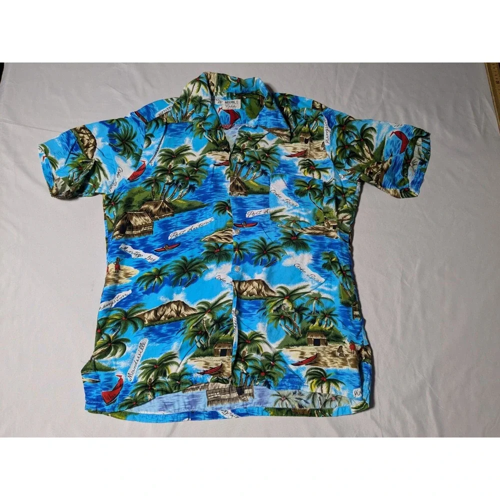 VTG NATIONAL SPORT SHIRTS MANHATTAN Men Large Blue‎ Tropical Jamaican Camp Shirt